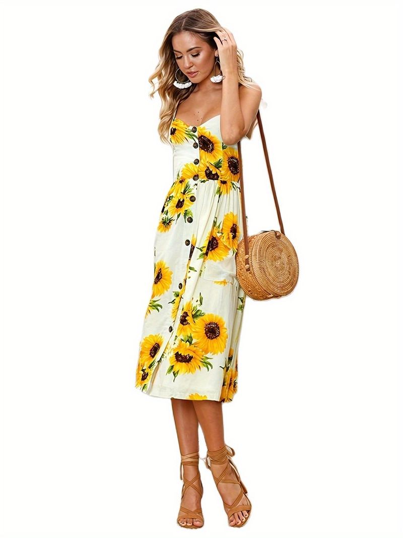 Sunflower Print Button Spaghetti Dress, Casual Backless Cami Dress